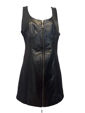 VTG 90’s First Genuine Leather Mixed Media Zip Front Bodycon Dress Small Black